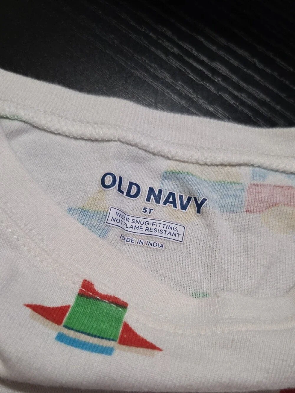 Old Navy White Kids Pajama Set with Red, Blue, Yellow, Green Prints
